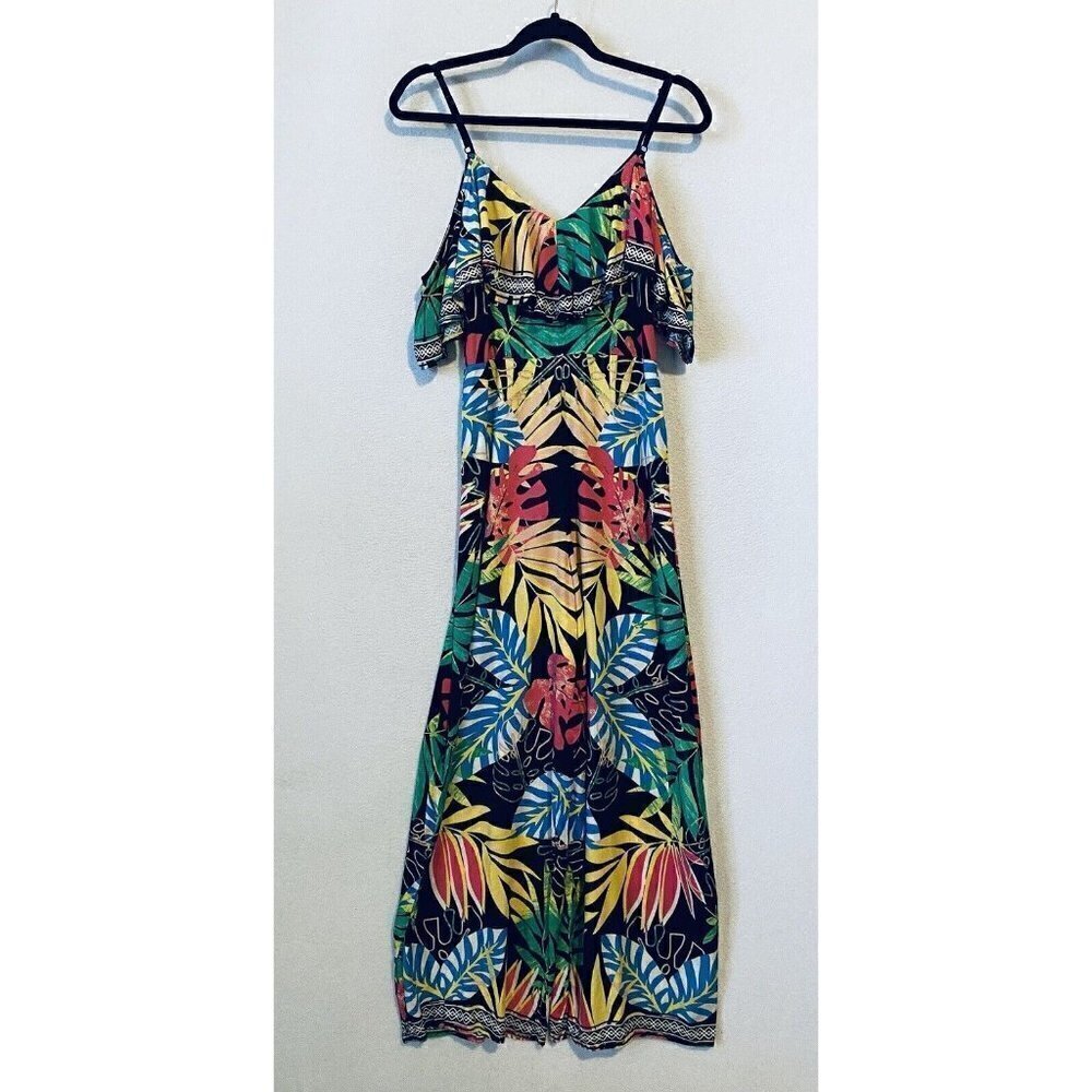 Flying Tomato Jumpsuit Womens Small Multicolor Tropical Ruffle Wide Leg Boho